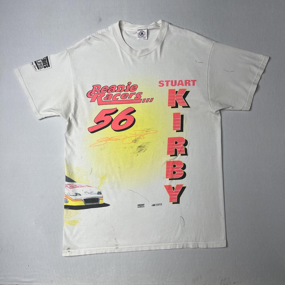 Vintage Stuart Kirby NASCAR Shirt Mens L White Racing Beanie Racers 56 Delta